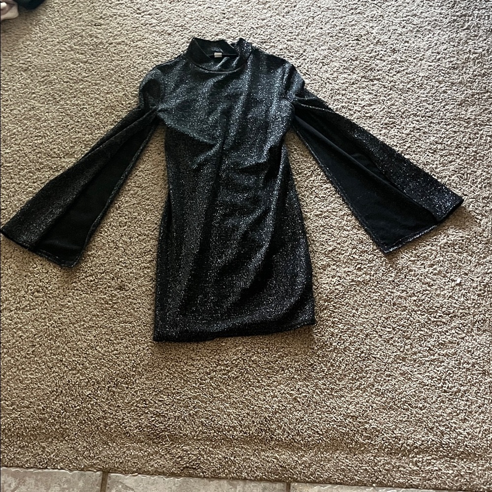 Black Glitter Bell Sleeve Dress